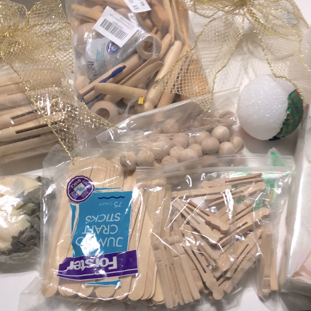 CRAFTING SUPPLES, ROSE PETALS,VARIOUS WOODEN ITEMS, STYROFOAM BALLS, ETC